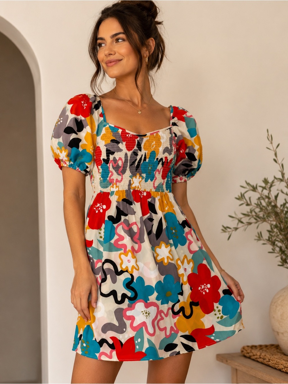 Oddi Smocked Floral Puff Sleeve Mini Dress Size Medium